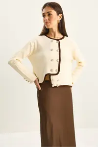 Bianco Lucci Women's Gold Button Detailed Asymmetrical Cut Knitwear Cardigan - Image 4