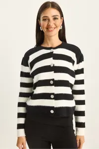Bianco Lucci Women's Striped Crew Neck Bearded Knitwear Cardigan
