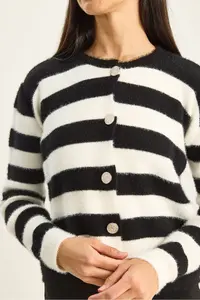 Bianco Lucci Women's Striped Crew Neck Bearded Knitwear Cardigan - Image 5