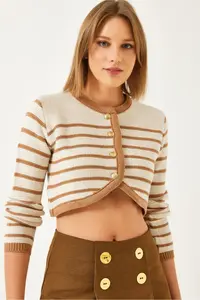 Bianco Lucci Women buttoned Striped Crop Knitwear Cardigan
