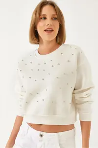 Bianco Lucci Women's Crew Neck Front Pearl Embroidered Three Thread Raised Sweatshirt