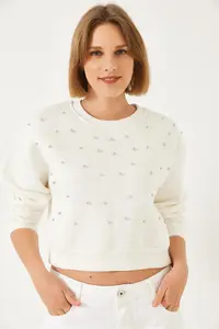 Bianco Lucci Women's Crew Neck Front Pearl Embroidered Three Thread Raised Sweatshirt - Image 2