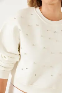 Bianco Lucci Women's Crew Neck Front Pearl Embroidered Three Thread Raised Sweatshirt - Image 7