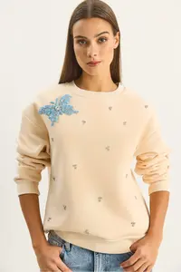 Bianco Lucci Women's Crew Neck Butterfly Accessory Stone Embroidered Three Thread Chassis Sweatshirt