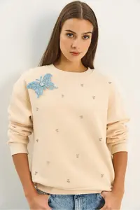 Bianco Lucci Women's Crew Neck Butterfly Accessory Stone Embroidered Three Thread Chassis Sweatshirt - Image 2