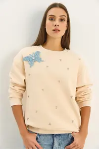 Bianco Lucci Women's Crew Neck Butterfly Accessory Stone Embroidered Three Thread Chassis Sweatshirt - Image 3