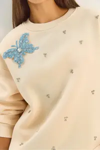 Bianco Lucci Women's Crew Neck Butterfly Accessory Stone Embroidered Three Thread Chassis Sweatshirt - Image 6