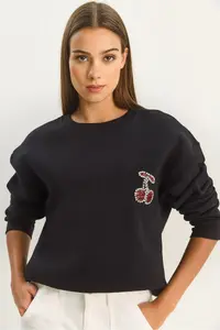 Bianco Lucci Women's Crew Neck Cherry Stone Embroidered Three Thread Raised Sweatshirt