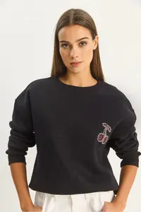 Bianco Lucci Women's Crew Neck Cherry Stone Embroidered Three Thread Raised Sweatshirt - Image 3
