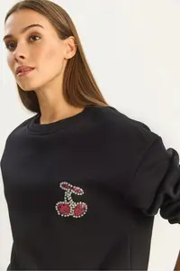Bianco Lucci Women's Crew Neck Cherry Stone Embroidered Three Thread Raised Sweatshirt - Image 4