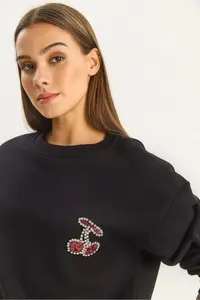 Bianco Lucci Women's Crew Neck Cherry Stone Embroidered Three Thread Raised Sweatshirt - Image 5