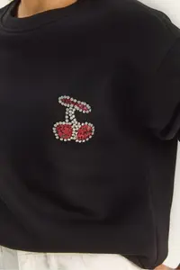Bianco Lucci Women's Crew Neck Cherry Stone Embroidered Three Thread Raised Sweatshirt - Image 6