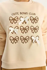 Bianco Lucci Women's Bow Embroidered Ribbon Accessory Three Thread Ribbon Sweatshirt - Image 6