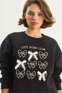 Bianco Lucci Women's Bow Embroidered Ribbon Accessory Three Thread Ribbon Sweatshirt - Image 5