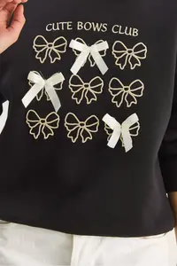 Bianco Lucci Women's Bow Embroidered Ribbon Accessory Three Thread Ribbon Sweatshirt - Image 6