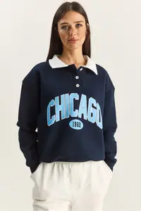 Bianco Lucci Women's Polo Shirt Neck Chicago Printed Three Thread Raised Sweatshirt