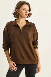 Bianco Lucci Women's High Collar Half Zipper Pocket Detailed Oversized Modal Sweatshirt - Image 3