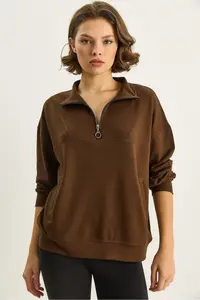 Bianco Lucci Women's High Collar Half Zipper Pocket Detailed Oversized Modal Sweatshirt - Image 4
