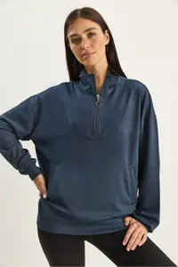 Bianco Lucci Women's High Collar Half Zipper Pocket Detailed Oversized Modal Sweatshirt - Image 2