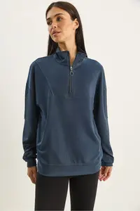 Bianco Lucci Women's High Collar Half Zipper Pocket Detailed Oversized Modal Sweatshirt - Image 3