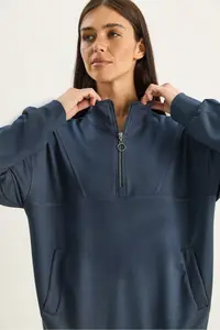 Bianco Lucci Women's High Collar Half Zipper Pocket Detailed Oversized Modal Sweatshirt - Image 4
