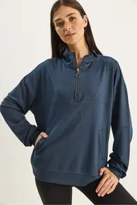 Bianco Lucci Women's High Collar Half Zipper Pocket Detailed Oversized Modal Sweatshirt - Image 5