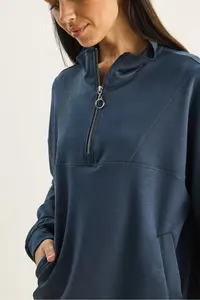 Bianco Lucci Women's High Collar Half Zipper Pocket Detailed Oversized Modal Sweatshirt - Image 6
