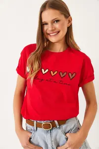 Bianco Lucci Women's Short Sleeve Colorful Heart Printed Basic T-Shirt - Image 2