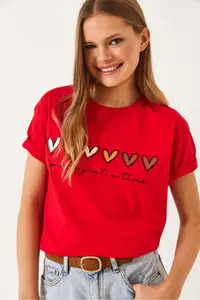 Bianco Lucci Women's Short Sleeve Colorful Heart Printed Basic T-Shirt - Image 3