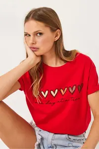 Bianco Lucci Women's Short Sleeve Colorful Heart Printed Basic T-Shirt - Image 6