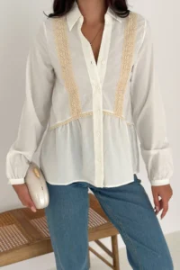 FEMELLE Women's White Beige Lace Detailed Buttoned Cotton Shirt