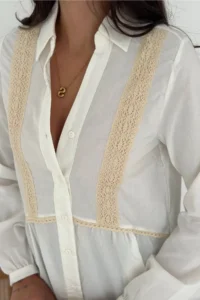 FEMELLE Women's White Beige Lace Detailed Buttoned Cotton Shirt - Image 2