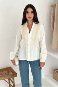 FEMELLE Women's White Beige Lace Detailed Buttoned Cotton Shirt - Image 3