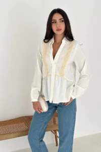 FEMELLE Women's White Beige Lace Detailed Buttoned Cotton Shirt - Image 4