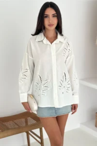 FEMELLE Women's White Leaf Patterned Laser Cut Cotton Shirt