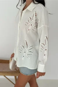 FEMELLE Women's White Leaf Patterned Laser Cut Cotton Shirt - Image 2