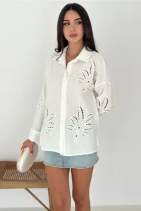FEMELLE Women's White Leaf Patterned Laser Cut Cotton Shirt - Image 3