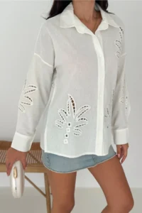 FEMELLE Women's White Leaf Patterned Laser Cut Cotton Shirt - Image 4