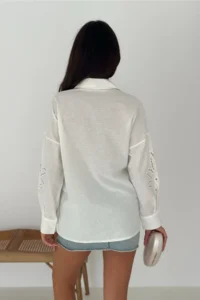 FEMELLE Women's White Leaf Patterned Laser Cut Cotton Shirt - Image 5