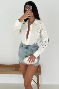 FEMELLE Women's White Leaf Patterned Laser Cut Cotton Shirt - Image 6