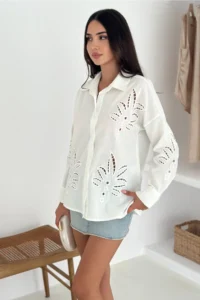 FEMELLE Women's White Leaf Patterned Laser Cut Cotton Shirt - Image 7