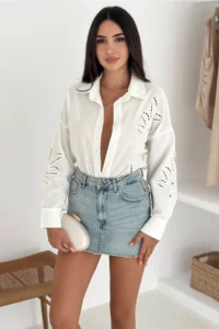 FEMELLE Women's White Leaf Patterned Laser Cut Cotton Shirt - Image 8