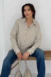 FEMELLE Women Beige Sequin And Embroidery Embroidered Linen Shirt