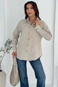 FEMELLE Women Beige Sequin And Embroidery Embroidered Linen Shirt - Image 2