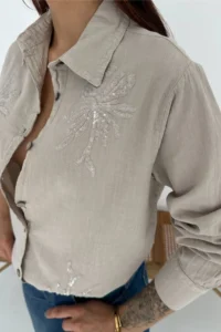 FEMELLE Women Beige Sequin And Embroidery Embroidered Linen Shirt - Image 4