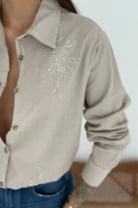 FEMELLE Women Beige Sequin And Embroidery Embroidered Linen Shirt - Image 5