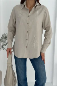 FEMELLE Women Beige Sequin And Embroidery Embroidered Linen Shirt - Image 6