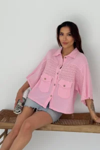 FEMELLE Women's Pink Standard Size Bat Sleeve Knitted Lace Detailed Poncho Shirt - Image 2