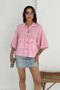 FEMELLE Women's Pink Standard Size Bat Sleeve Knitted Lace Detailed Poncho Shirt - Image 3