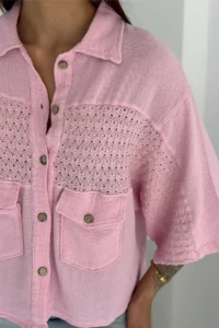 FEMELLE Women's Pink Standard Size Bat Sleeve Knitted Lace Detailed Poncho Shirt - Image 4